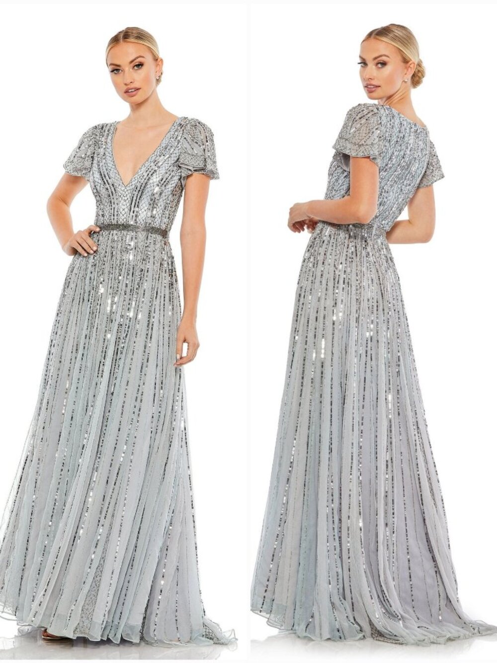 Mac Duggal Women's Blue Flutter Sleeve Embellished Plunge Neck A Line Gown